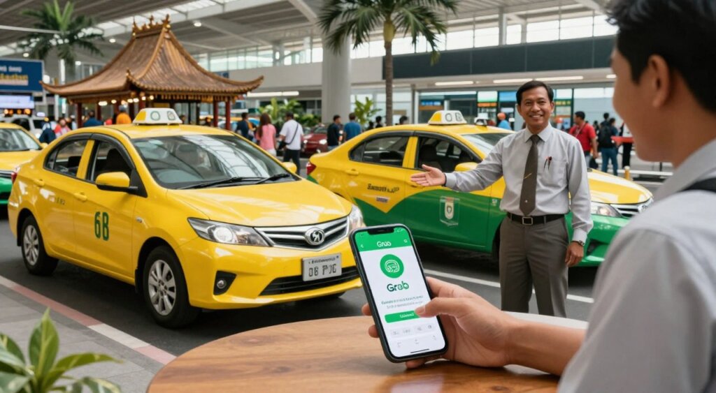 A vibrant street scene at Bali's Ngurah Rai International Airport showcasing the contrast between traditional taxis and modern app-based transportation services like Grab. In the foreground, a friendly taxi driver in professional attire stands next to a bright yellow taxi, gesturing as if welcoming passengers. In the middle, a smartphone displaying the Grab app sits on a nearby table, with a cheerful user tapping on the screen. In the background, the bustling airport terminal is visible, filled with travelers with luggage and palm trees framing the scene. Soft, natural lighting filters through the airport, creating a warm and inviting atmosphere. The angle captures both the drivers and their vehicles along with the lively airport environment, embodying a practical guide for navigating taxi and app services in Bali.