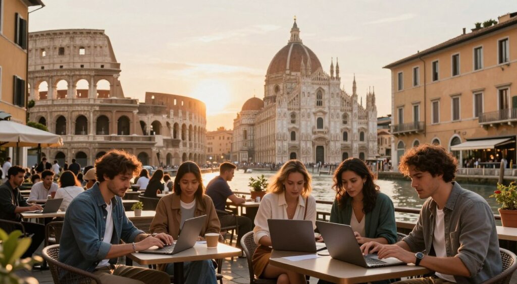 A vibrant street scene capturing popular cities for digital nomads in Italy, showcasing iconic landmarks like the Colosseum in Rome, the canals of Venice, and the Duomo in Florence. In the foreground, a diverse group of young professionals, dressed in smart casual attire, are working on laptops at an outdoor café, exuding a sense of productivity and creativity. The middle ground features colorful buildings typical of Italian architecture with potted plants and bustling locals, while the background showcases soft, warm lighting from a golden sunset, casting long shadows and a cozy atmosphere. The image should embody the spirit of adventure and the dynamic lifestyle of digital nomads in Italy, with a focus on connection and innovation.