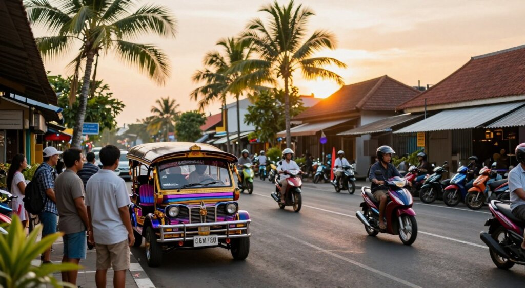 A vibrant street scene capturing the essence of transportation in Seminyak, Bali. In the foreground, a few people dressed in modest casual clothing, enjoying the lively atmosphere. A traditional Balinese taxi is parked nearby, showcasing its unique design. In the middle ground, a bustling road with motorbikes weaving through traffic, and colorful scooters parked along the side. Palm trees line the streets, and local shops feature their distinctive architecture. The background reveals a beautiful sunset, casting warm golden light across the scene. The image is framed with a shallow depth of field, emphasizing the foreground details while softly blurring the background, conveying a tranquil yet dynamic ambiance that reflects Seminyak's charm and accessibility.
