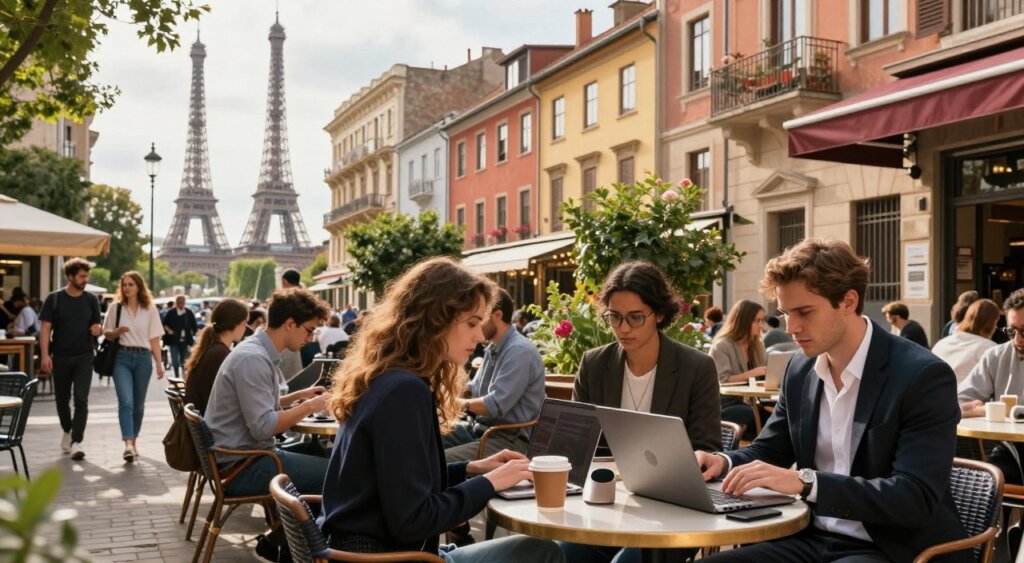A vibrant street scene featuring popular digital nomad destinations in Europe, showcasing a bustling outdoor café with individuals working on laptops in professional casual attire. In the foreground, a stylish table with laptops, coffee cups, and digital gadgets. The middle ground captures charming European architecture, quaint buildings with colorful facades, and lush greenery. The background features iconic landmarks like the Eiffel Tower and the Colosseum, enveloped in softly diffused afternoon sunlight. The atmosphere is lively yet relaxed, reflecting a sense of community among remote workers. Use a wide-angle lens to capture the energy and diversity of this urban environment, emphasizing the connection between work and travel.