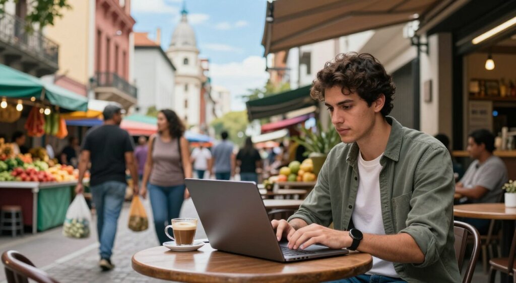 A vibrant street scene in Argentina showcasing the cost of living for digital nomads. In the foreground, a young professional in smart casual attire works on a laptop at an outdoor café table with a steaming coffee. In the middle ground, locals bustle by, carrying grocery bags and chatting, highlighting daily life. A colorful market stall with fresh produce adds a lively touch. In the background, iconic Argentine architecture under a bright blue sky captures the essence of Buenos Aires. Soft, warm lighting enhances the inviting atmosphere, creating a sense of community and opportunity. The image composition should evoke a professional yet relaxed environment, ideal for remote work.