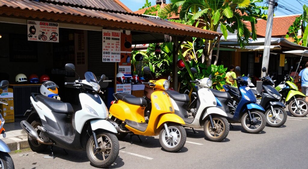A vibrant street scene in Bali showcasing various types of scooters available for rent. In the foreground, display three distinct scooters: a sleek electric scooter, a classic retro scooter in bright colors, and a modern scooter with a stylish design, all parked side by side. In the middle ground, capture a lively rental shop with a welcoming atmosphere, featuring images of rental prices and helmets on display. The background should feature lush tropical greenery, with glimpses of traditional Balinese architecture under a clear blue sky. Use natural sunlight to create a bright and inviting mood, with shadows adding depth. The angle should be slightly elevated, offering a panoramic view of the scene, reminiscent of professional photojournalism in high resolution, without any text or branding.