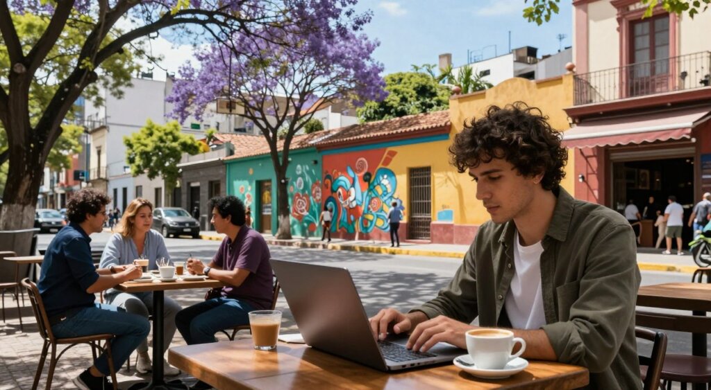 A vibrant street scene in Buenos Aires, showcasing a digital nomad's lifestyle. In the foreground, a person in casual yet professional attire is working on a laptop at a charming outdoor café, with a coffee cup beside them. The middle ground features local Argentinians engaging in conversation and enjoying their day, while colorful murals and historic buildings create a lively backdrop. In the background, jacaranda trees bloom against a clear blue sky, enhancing the scene’s lively ambiance. Natural light filters through the foliage, casting soft shadows. The composition conveys a warm, inviting atmosphere filled with creativity and community. The image embodies the essence of living as a digital nomad in Argentina, blending work and leisure seamlessly.