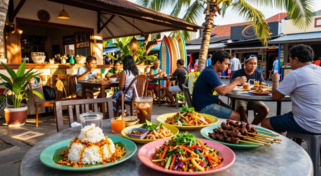 A vibrant street scene in Kuta, Bali, showcasing a delightful array of traditional Indonesian cuisine alongside popular international dishes. In the foreground, a beautifully arranged table displays colorful plates of Nasi Goreng, Satay skewers, and Gado-Gado, with fresh herbs and spices accentuating the dishes. The middle ground features locals and tourists enjoying their meals at cozy restaurants adorned with tropical decor, the sunlight filtering through palm trees, casting playful shadows. In the background, Kuta's bustling street life unfolds, with colorful market stalls and surfboard shops. The atmosphere is lively and inviting, capturing the essence of culinary exploration in a warm, golden hour light. The scene reflects a blend of cultures, welcoming diners from around the world to enjoy a feast in this paradise.