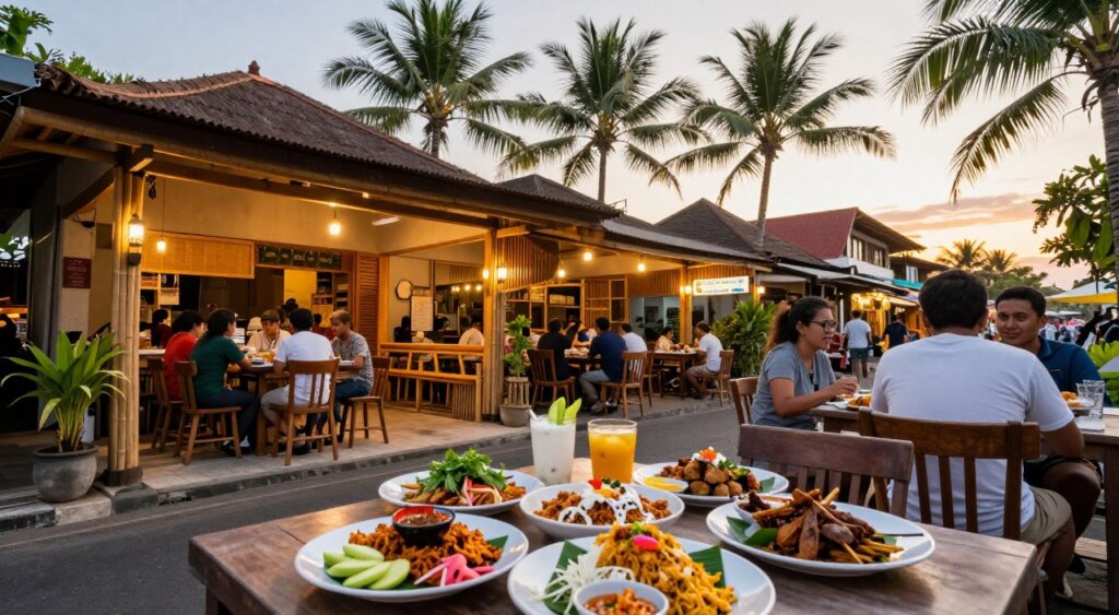 A vibrant street scene in Kuta, Bali, showcasing a variety of dining options. In the foreground, a beautifully arranged table with plates of traditional Indonesian dishes like Nasi Goreng and Satay, featuring fresh herbs and colorful garnishes. In the middle, charming local restaurants with open-air seating, bamboo decor, and ambient lighting, bustling with patrons. The background includes palm trees swaying gently in the breeze and the hint of a sunset casting a warm golden glow over the scene. The atmosphere is lively yet relaxed, capturing the essence of Bali's culinary culture. The image should be taken at eye level with a wide-angle lens to highlight the restaurant ambiance and the vibrant colors of the food.