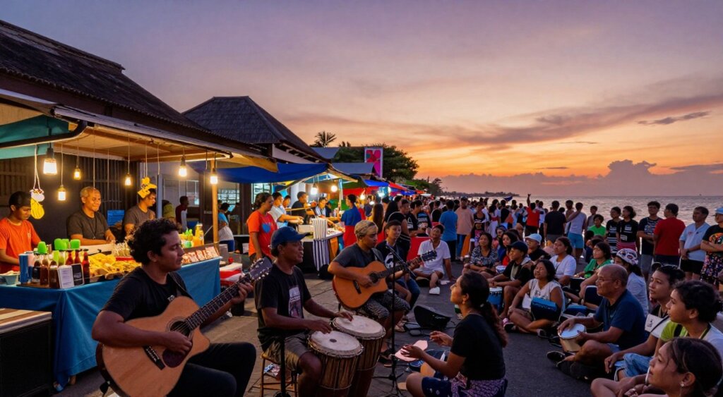 A vibrant street scene in Kuta, filled with local musicians passionately performing in a lively outdoor setting. In the foreground, a diverse group of musicians play acoustic guitars and percussion instruments, engaging with an enthusiastic audience. The middle ground features street vendors selling local food and drink, enhancing the community vibe. The background showcases the iconic Kuta sunset, casting warm orange and purple hues across the sky. Capture this scene with a wide-angle lens to include the lively atmosphere and the audience's energy. Utilize soft, natural lighting to emphasize the warmth and enthusiasm of the gathering. The mood should feel inviting and celebratory, reflecting the spirit of supporting local artists.