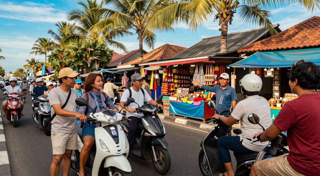 A vibrant street scene in Kuta, showcasing various modes of safe transportation. In the foreground, a diverse group of solo travelers, dressed in modest casual clothing, are discussing nearby transportation options like scooters and ride-sharing apps. The middle ground features a colorful market stall with traditional Balinese goods, and a local vendor giving polite directions. In the background, palm trees sway under a bright blue sky, with hints of beach life nearby. The lighting is warm and inviting, capturing the essence of a sunny day. The composition is shot from a slightly elevated angle to encompass both the bustling street life and the serene beach atmosphere, creating a mood of exploration and safety.