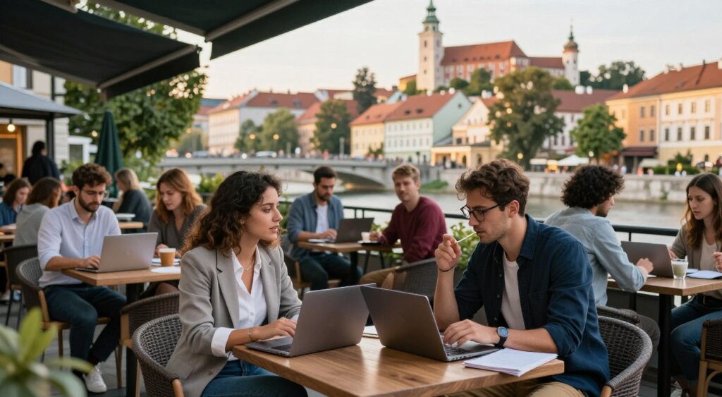 A vibrant street scene in Ljubljana, Slovenia, showcasing a diverse group of digital nomads collaborating outdoors at a stylish café. In the foreground, two professionals, a woman in business attire and a man in smart casual clothing, are engaged in a lively discussion over laptops, surrounded by laptops and notebooks. The middle ground features a mix of people working and networking, with a picturesque view of historic architecture and lush greenery. The background includes iconic landmarks like the Dragon Bridge and Ljubljana Castle, softly illuminated by warm, late afternoon sunlight. The atmosphere is dynamic yet relaxed, capturing the essence of creativity and collaboration in the heart of Slovenia. The image should evoke a sense of opportunity, community, and the vibrant lifestyle of freelance work in a beautiful setting.
