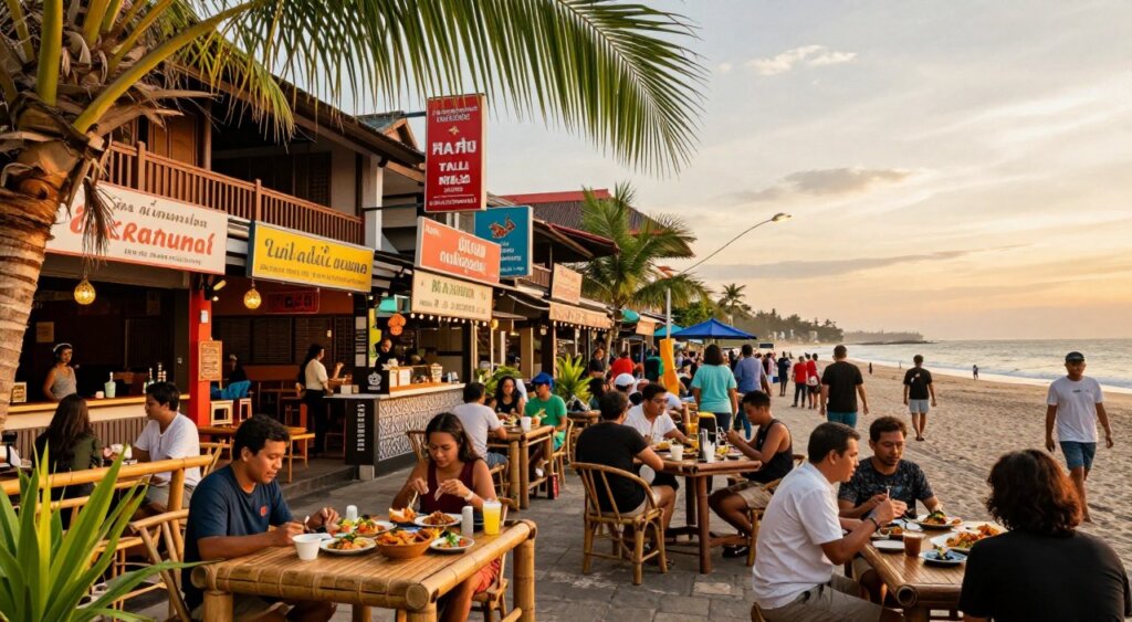 A vibrant street scene showcasing popular eateries in Kuta, Bali. In the foreground, a cozy outdoor dining area with bamboo furniture and palm leaves, with diners enjoying local dishes. The middle layer features diverse restaurants with colorful signs and traditional Balinese decor, filled with patrons in casual summer clothing. In the background, the iconic Kuta beach at sunset, casting a warm golden glow over the scene. The lighting is soft and inviting, simulating the golden hour, enhancing the relaxed atmosphere. Capture this lively setting with a wide-angle lens to emphasize the bustling vibe and cultural richness, reflecting a perfect blend of culinary delights and scenic beauty.