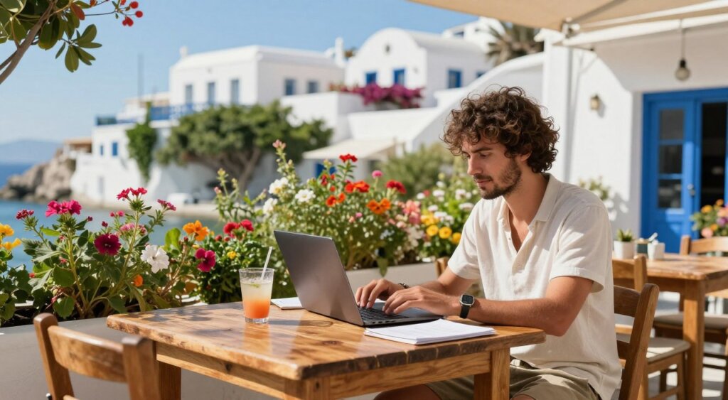 A vibrant, sunlit scene of a digital nomad working in a scenic outdoor cafe in Greece. In the foreground, a focused individual in smart-casual attire is seated at a rustic wooden table with a laptop open, surrounded by a refreshing drink and notes. The middle section features lush greenery and colorful flowers typical of a Greek island, creating a relaxed yet inspiring atmosphere. In the background, traditional white-washed buildings with blue accents under a clear blue sky evoke the charm of the Greek landscape. Soft, warm lighting enhances the inviting mood, while a shallow depth of field draws attention to the individual, conveying the benefits of remote work in such a picturesque location.
