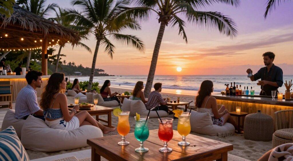 A vibrant sunset scene at a stylish beach club in Seminyak, Bali. In the foreground, elegantly arranged cocktails in colorful glasses, with fresh garnishes, sitting on a wooden table under soft, glowing fairy lights. In the middle ground, patrons enjoying their evening, dressed in stylish yet modest beach attire, lounging on oversized cushions and casual seating. A bartender can be seen skillfully mixing drinks, enhancing the lively atmosphere. The background features lush palm trees swaying gently in the breeze, and the sun dipping low over the horizon, casting warm orange and purple hues across a calm sea. The overall mood is relaxed and inviting, perfect for an evening of socializing and enjoyment in a picturesque beachfront setting.