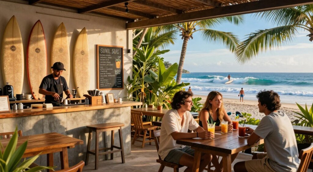 A vibrant surf cafe in Canggu, Bali, packed with rustic wooden tables and adorned with surfboards on the walls. In the foreground, a barista prepares coffee while a couple of friends enjoy drinks at a table, dressed in relaxed, modest beachwear and casual clothing. In the middle ground, a chalkboard menu showcases a variety of smoothie bowls and healthy snacks, surrounded by lush tropical plants. In the background, a view of surfers catching waves, framed by palms and a bright blue sky at golden hour, casting a warm, inviting light over the scene. The overall atmosphere is hip and laid-back, embodying the essence of Canggu’s coastal lifestyle, captured in a professional, photojournalistic style reminiscent of National Geographic.