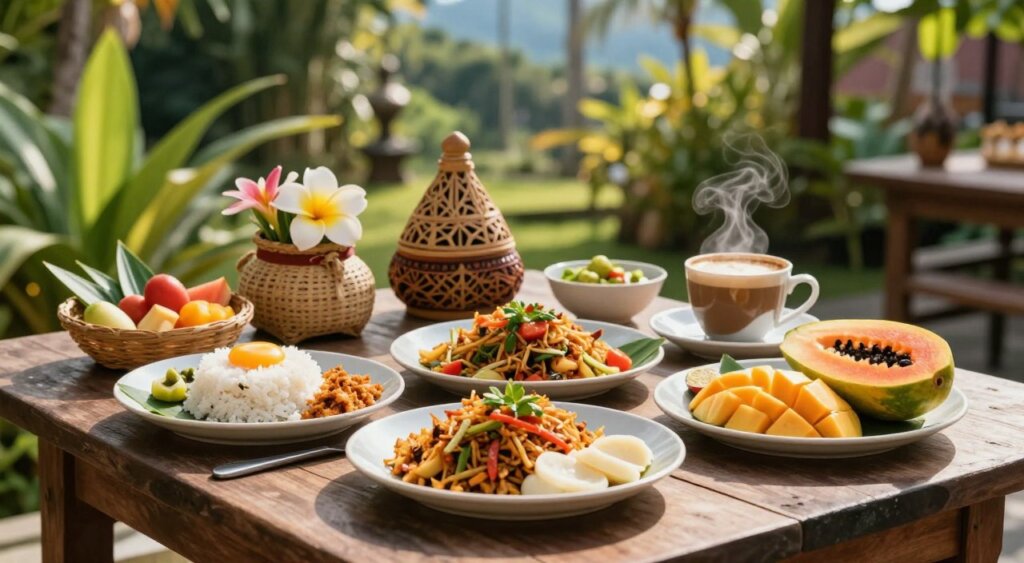 A vibrant traditional Balinese breakfast spread set on a rustic wooden table, overlooking a sun-kissed garden in Kuta. In the foreground, colorful dishes are arranged with generous portions of Nasi Goreng, Gado-Gado, and tropical fruits like papaya and mango, all beautifully garnished. A steaming cup of Balinese coffee adds to the scene. In the middle ground, local Balinese decor can be seen, including intricately woven baskets and fresh flowers. The background features lush tropical greenery and hints of blue sky peeking through, creating a warm, inviting atmosphere. Soft morning sunlight filters in, casting gentle shadows and highlighting the textures of the food and surroundings. A shallow depth of field accentuates the foreground details, ensuring the breakfast elements are the focal point, evoking a sense of peace and culinary delight perfect for starting the day in Kuta.
