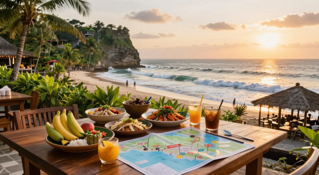 A vibrant travel guide scene showcasing the serene natural beauty and culture of Bali, focusing on three iconic destinations: Uluwatu, Canggu, and Seminyak. In the foreground, a well-lit wooden table with a colorful spread of traditional Balinese dishes, organic fruits, and a detailed map featuring the three locations. In the middle ground, lush greenery and palm trees representing Uluwatu's cliffs, the laid-back vibe of Canggu’s beach with surfers in the waves, and the stylish beachfront cafes of Seminyak, all bathed in golden hour sunlight. The background captures a stunning sunset over the ocean, creating a warm, inviting atmosphere. This scene is composed using a 35mm lens, focusing on depth of field to highlight the intricate details, while soft shadows enhance the tranquil mood.