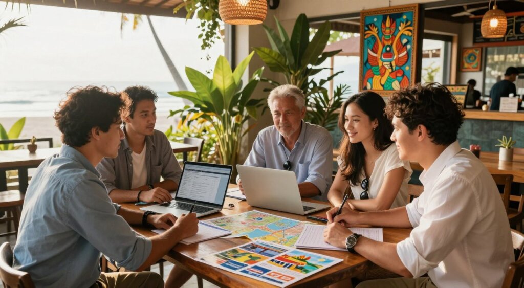 A vibrant travel itinerary planning scene in Kuta, Bali, showcasing a cozy café setting. In the foreground, a diverse group of four friends aged 25-35 sit around a wooden table covered with travel brochures, maps, and a laptop displaying expenses. They are dressed in casual yet professional attire, actively discussing. The middle ground features colorful decorations of tropical plants and Balinese artwork, enhancing the local atmosphere. In the background, glimpses of Kuta beach can be seen through large windows, with soft golden sunlight flooding the space, creating a warm and inviting mood. The image captures the excitement and camaraderie of planning an affordable budget trip in a picturesque location, with a focus on community and shared experiences.