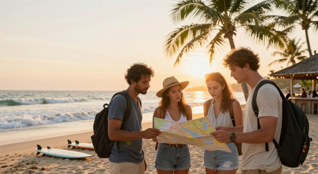 A vibrant travel scene illustrating safety tips for a day in Kuta. In the foreground, a diverse group of three travelers, dressed in casual yet modest summer clothing, consulting a map. In the middle ground, we see iconic Kuta beach with soft waves lapping against the shore, surfboards scattered on the sand, and a few palm trees swaying gently in the breeze. The background captures a stunning sunset, casting warm golden hues over the scene, while a distant silhouette of a beach bar hints at local culture. The image should be well-lit, resembling natural daylight, with a slight lens flare for a vibrant feel. The mood is adventurous yet safe, encouraging exploration while highlighting the importance of being mindful during travel.
