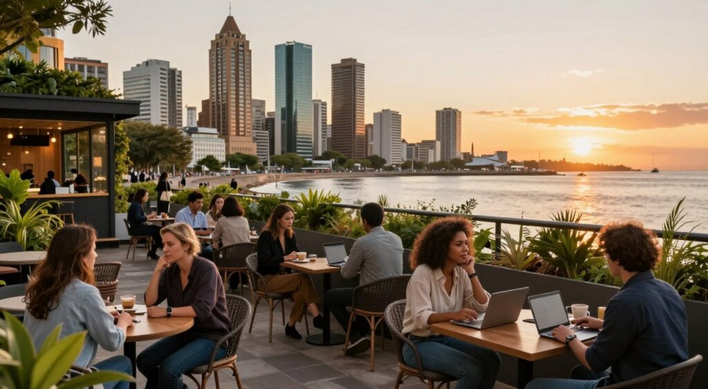 A vibrant urban landscape showcasing the best cities for digital nomads in Uruguay, capturing Montevideo's picturesque waterfront with people working on laptops at outdoor cafés, dressed in casual but professional attire. In the foreground, a group of diverse individuals engages in conversation, sharing ideas over coffee, while in the middle ground, modern co-working spaces feature lush greenery and inviting architecture. The background reveals a stunning sunset over the Rio de la Plata, casting warm golden hues across the sky, enhancing the inviting atmosphere. The image should reflect a sense of community, creativity, and productivity, with soft natural lighting, a focal length of 35mm to encapsulate the lively scene, alluding to a perfect work-life balance in this South American gem.
