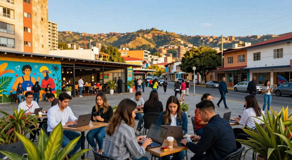 A vibrant urban scene showcasing popular digital nomad cities in Colombia, featuring a panoramic view of a lively plaza in Medellín during golden hour. In the foreground, a diverse group of young professionals, dressed in smart casual attire, are engaging with laptops and smartphones at outdoor cafes, surrounded by colorful street art and tropical plants. In the middle ground, modern coworking spaces line the bustling streets, and locals mingle with digital nomads. The background features the iconic hills of Medellín, with clear blue skies and soft evening light casting warm shadows. The atmosphere is dynamic and inviting, with a sense of collaboration and creativity, combining the essence of Colombian culture with a cosmopolitan vibe.
