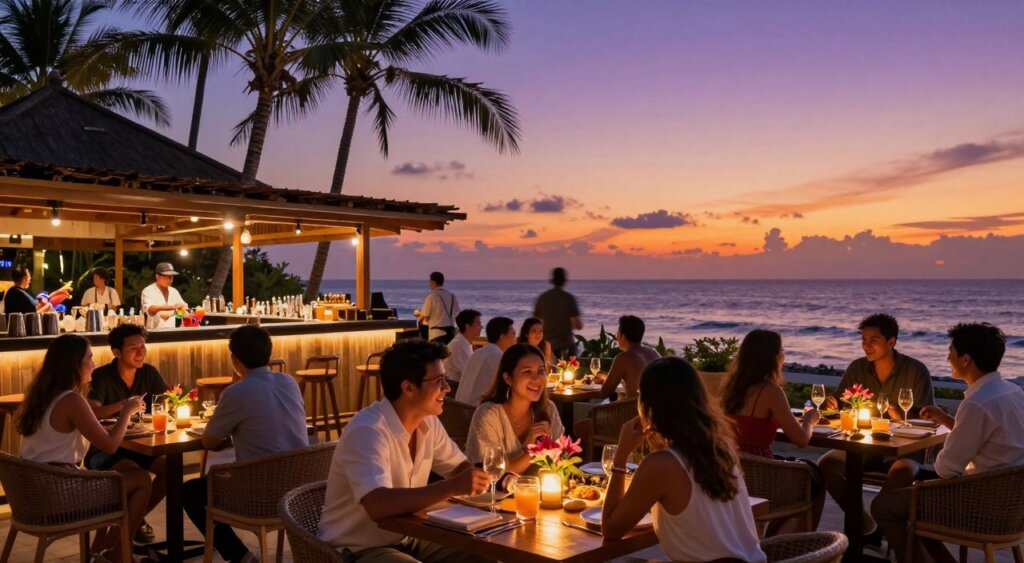 A vibrant view of a Kuta nightlife restaurant, expertly capturing the energetic atmosphere of Bali. In the foreground, elegantly set dining tables with flickering candlelight, adorned with fresh flowers. Guests in smart casual attire enjoy their meals, laughing and socializing. The middle ground features a lively bar, with colorful cocktails and bar staff skillfully mixing drinks. Soft ambient lighting illuminates the scene, creating a warm, inviting glow. In the background, a stunning sunset casts rich hues of orange and purple across the sky, while silhouettes of palm trees sway gently. The photo should be shot with a wide-angle lens, emphasizing the bustling atmosphere and depth of the scene, evoking a sense of indulgence and enjoyment in a picturesque coastal setting.