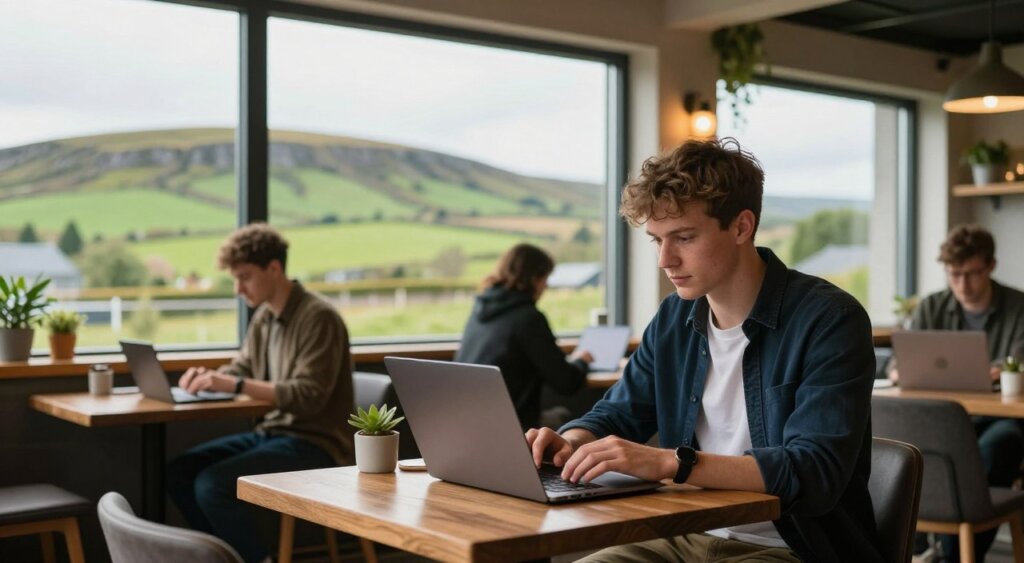 A vibrant workspace scene depicting a digital nomad in Ireland, showcasing a young professional with a laptop at a stylish café table. In the foreground, the individual is focused on the screen, dressed in smart casual clothes. The middle ground features the café's warm ambiance with wooden decor, potted plants, and other digital nomads working. The background reveals a panoramic view of the lush Irish landscape through large windows, with rolling green hills and a tranquil sky. Soft, natural light filters in, creating an inviting atmosphere. The angle should capture both the hustle of the café and the serene beauty of Ireland outside, conveying excitement and inspiration for remote work possibilities.