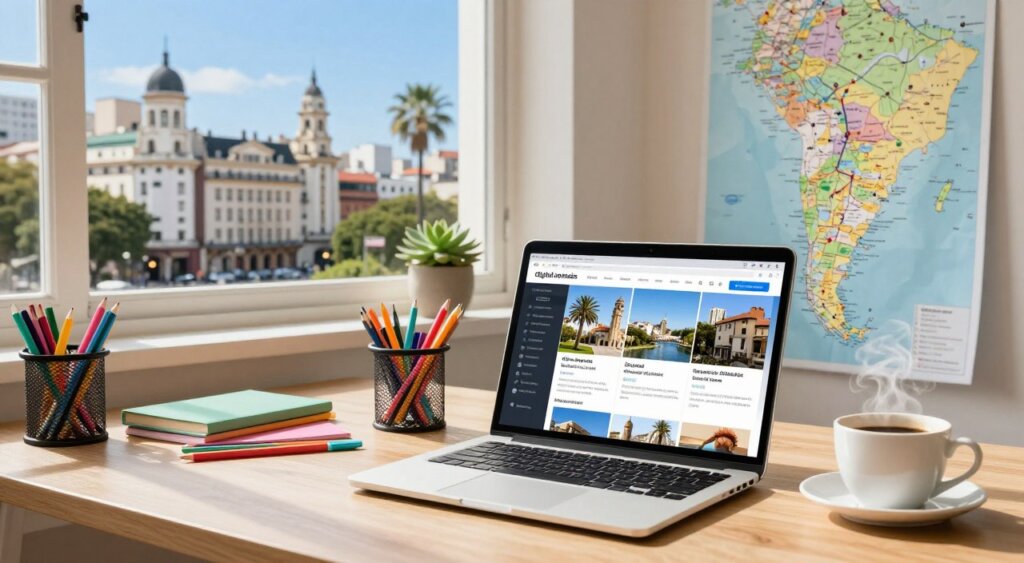 A vibrant workspace scene depicting resources for digital nomads in Argentina. In the foreground, a sleek laptop with an open screen displaying a travel guide for Argentina, surrounded by colorful stationery and a steaming coffee cup. The middle ground features a stylish desk with a succulent plant and a map of Argentina, showcasing major cities and highlights for digital nomads. In the background, bright windows reveal a picturesque view of Buenos Aires, with iconic architecture and palm trees under a clear blue sky. The lighting is warm and inviting, suggesting a productive afternoon. The overall atmosphere conveys a sense of adventure and inspiration, perfect for those seeking to explore while working remotely.