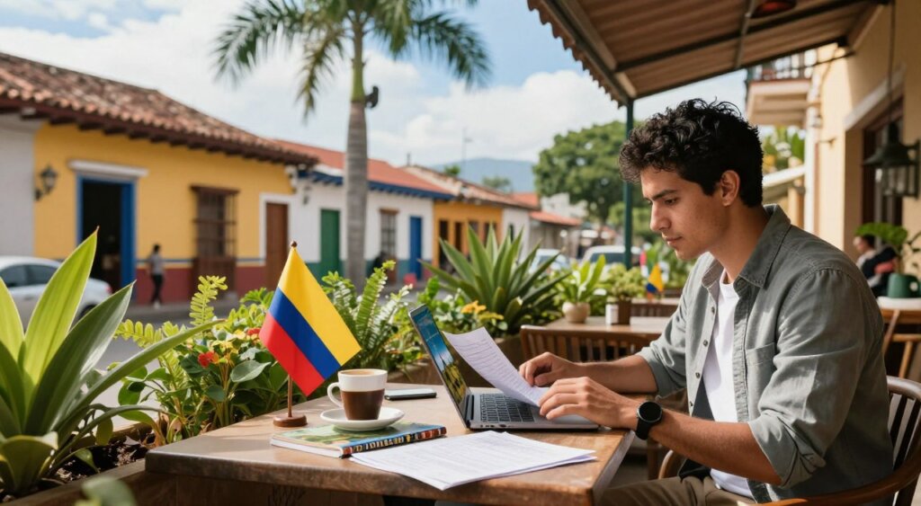 A vibrant workspace scene representing the concept of the Digital Nomad Visa in Colombia. In the foreground, a focused individual of Latin descent, dressed in smart casual attire, analyzes documents on a laptop at an outdoor café surrounded by lush greenery. In the middle, a table filled with a coffee cup, a flag of Colombia, and a travel guide featuring Colombian landmarks. In the background, soft-focus elements of a colorful Colombian street, including colonial-style buildings and palm trees under a bright blue sky, creating an inviting atmosphere. The lighting is warm and natural, casting soft shadows for a relaxed, motivational mood. Capture this composition with a wide-angle lens to emphasize both the individual and the vibrant life of Colombia, evoking a sense of adventure and opportunity.