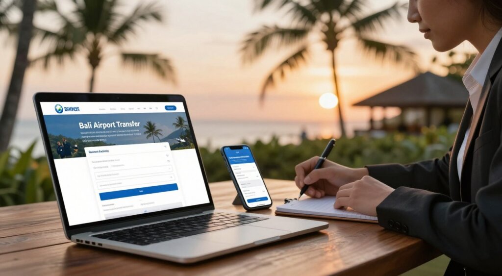 A visual representation of an online booking process for Bali Airport transfer, showcasing a step-by-step guide in a professional and engaging manner. In the foreground, a sleek, modern laptop with a website interface displaying a booking form, alongside a smartphone showcasing a booking app, both on a wooden table. The middle ground features a person in business attire, focused and taking notes, conveying a sense of organization and professionalism. The background shows an inviting Bali landscape with palm trees and a soft sunset sky, creating a tranquil atmosphere. The lighting is warm and inviting, reflecting the ambiance of a tropical destination, with a shallow depth of field to enhance focus on the booking interaction. The overall mood is helpful, informative, and user-friendly, emphasizing ease of use in the booking process. A visual representation of an online booking process for Bali Airport transfer, showcasing a step-by-step guide in a professional and engaging manner. In the foreground, a sleek, modern laptop with a website interface displaying a booking form, alongside a smartphone showcasing a booking app, both on a wooden table. The middle ground features a person in business attire, focused and taking notes, conveying a sense of organization and professionalism. The background shows an inviting Bali landscape with palm trees and a soft sunset sky, creating a tranquil atmosphere. The lighting is warm and inviting, reflecting the ambiance of a tropical destination, with a shallow depth of field to enhance focus on the booking interaction. The overall mood is helpful, informative, and user-friendly, emphasizing ease of use in the booking process.