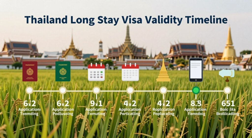 A visually appealing infographic illustrating the "Thailand Long Stay Visa Validity Timeline." In the foreground, feature a detailed timeline axis with clear markers indicating key dates and durations, such as application periods and renewal stages. Use vibrant colors reflecting Thailand's culture, like gold and green, to emphasize the importance of each stage. The middle layer showcases relevant icons, such as a passbook, calendar, and a digital device, representing the digital nomad aspect, all artistically arranged along the timeline. In the background, incorporate subtle images of Thailand's iconic landmarks, like the Grand Palace and lush rice fields, rendered softly to avoid distraction. Aim for natural lighting, creating a warm and inviting atmosphere, reminiscent of a professional National Geographic photojournalism style. Focus on clarity and professionalism throughout the design.