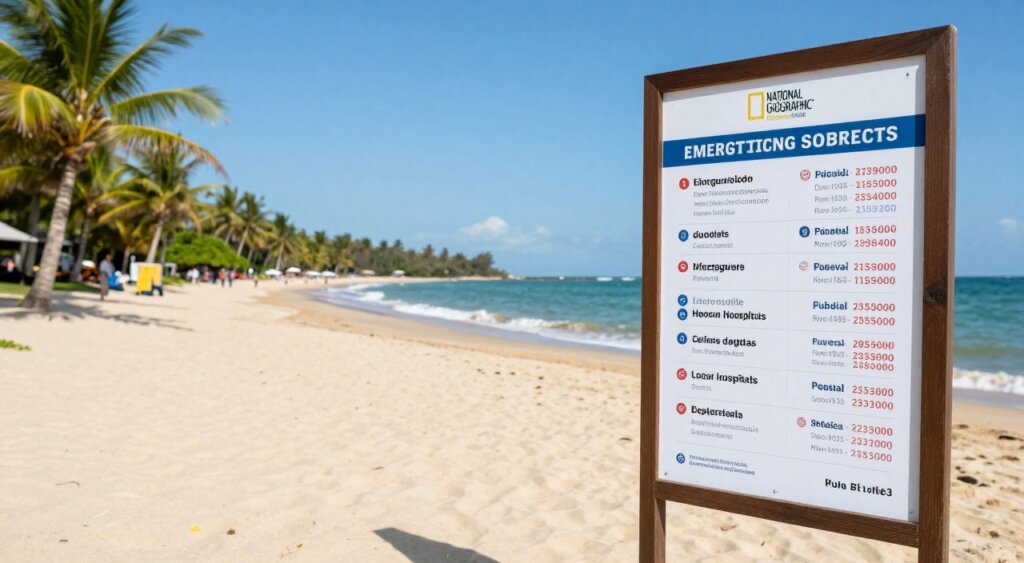 A visually compelling image depicting emergency contact resources for Kuta Beach. In the foreground, a professional-looking poster featuring various emergency contact numbers, such as lifeguards, local hospitals, and police, displayed on a wooden beach stand. The middle ground showcases a serene view of Kuta Beach, with golden sands and gentle waves, evoking a sense of safety and tranquility. In the background, lush palm trees sway under a bright blue sky, suggesting a perfect day at the beach. The lighting is bright and natural, reminiscent of midday sun, enhancing colors and details. The atmosphere is calm and reassuring, perfectly suited for solo travelers seeking safety and security while enjoying the beach. The image should reflect a National Geographic photojournalism quality, emphasizing professionalism and clarity.