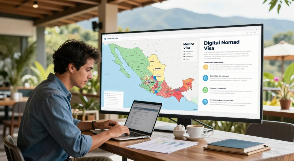A visually engaging and informative image depicting a professional digital nomad analyzing Mexico's Digital Nomad Visa in comparison to similar visas from other countries. In the foreground, a focused individual dressed in smart casual attire sits at a modern laptop in a cozy café, with documents and a coffee cup beside them. The middle ground features a large map of Mexico alongside infographics, displaying key benefits and details of the visa, elegantly arranged on the table. In the background, a sunny outdoor patio with lush greenery and distant mountains adds a vibrant atmosphere. Soft, natural lighting enhances the scene, evoking a sense of exploration and opportunity. The composition captures a balance of professionalism and a relaxed lifestyle ideal for digital nomads.
