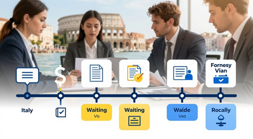 A visually engaging and informative timeline graphic illustrating the long-term stay visa processing timeline for Italy. In the foreground, an organized flowchart of the visa process, featuring distinct boxes for each step with icons symbolizing documentation, waiting periods, and approvals, all rendered in a sleek, modern design. The middle ground shows a blurred office setting where professionals in business attire are discussing and reviewing applications, subtly hinting at collaboration. The background displays iconic Italian landmarks, like the Colosseum and canals of Venice, softly illuminated by warm, inviting natural light, capturing the essence of Italy. The entire image should exude a professional, informative atmosphere, with vibrant colors and clear structure, providing clarity on the timeline without any text or overlays.