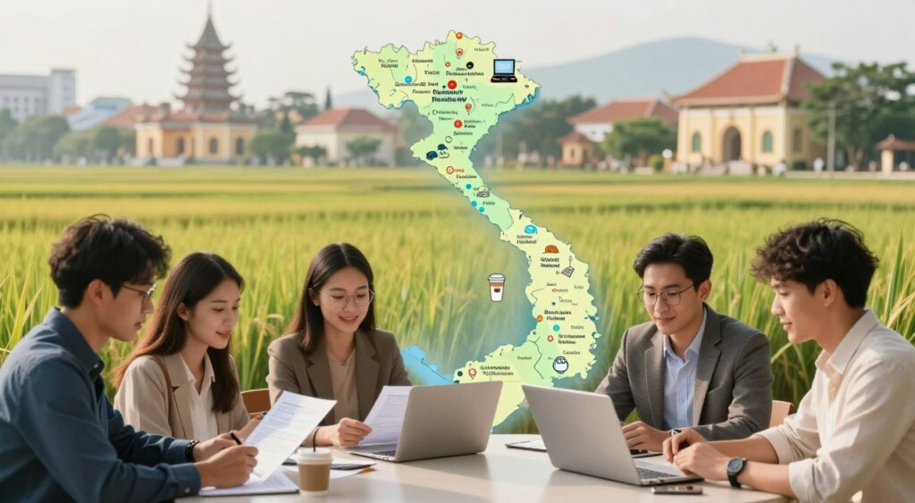 A visually engaging, educational illustration focusing on the eligibility requirements for the Vietnam digital nomad visa. In the foreground, a diverse group of professionals in modest business attire are gathered around a table, reviewing documents and discussing visa requirements. The middle ground showcases a detailed map of Vietnam with key cities marked for digital nomads, along with icons representing work-related symbols like laptops, coffee cups, and travel gear. The background features a soft-focus image of iconic Vietnamese landmarks, such as the Hanoi skyline and lush rice paddies, bathed in warm, natural light. The atmosphere is collaborative and informative, evoking a sense of opportunity and adventure for remote workers considering Vietnam as their next destination. Use a wide-angle lens to capture depth, ensuring clarity on all elements without text or logos.