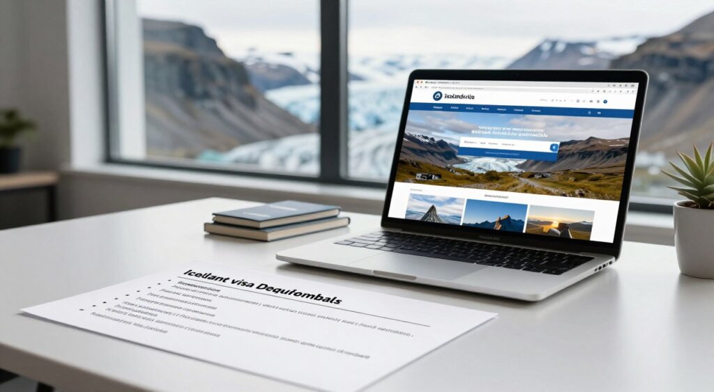A visually engaging image of an Iceland visa requirements checklist for digital nomads, presented in a professional and organized layout. In the foreground, a neatly arranged checklist with bullet points outlining eligibility criteria, such as proof of income, valid passport, and health insurance, on a clean, modern desk. In the middle, an open laptop displaying an Icelandic landscape website, with a soft-focus travel guide next to it, suggesting a sense of connection to Iceland. In the background, a large window reveals a scenic view of Iceland's rugged mountains and glaciers, bathed in soft, natural light, creating an inviting atmosphere. The overall mood is professional, with an emphasis on adventure and opportunity, capturing the essence of digital nomad life in Iceland.