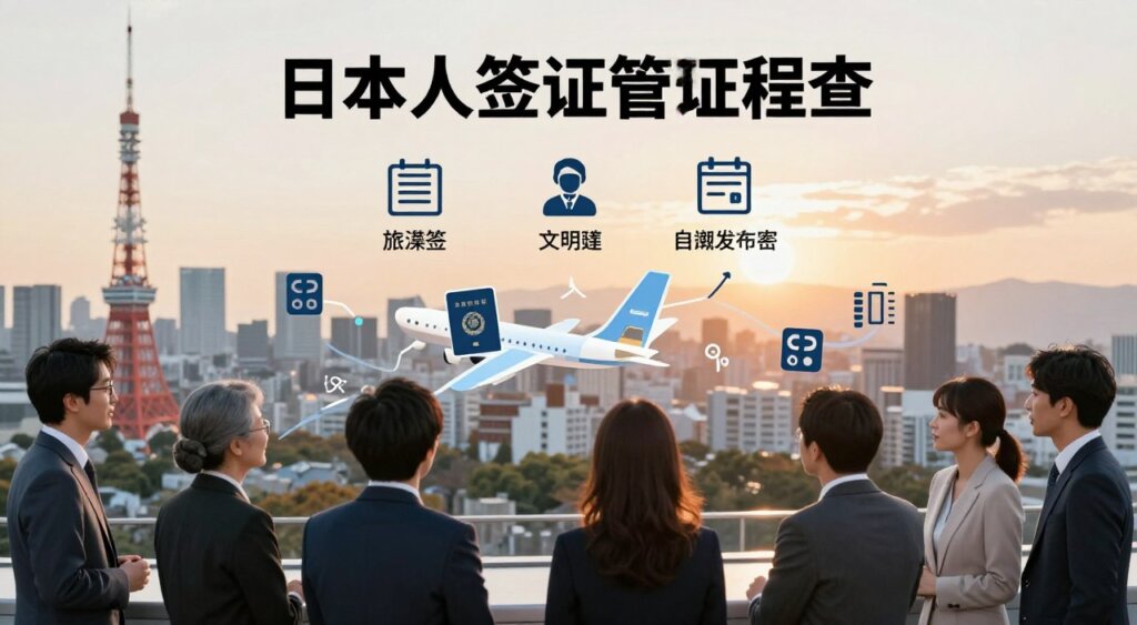 A visually striking and informative image depicting Japan's visa types and regulations. In the foreground, a diverse group of professionals in business attire, representing various nationalities, is engaged in discussion, analyzing an illustrated chart of Japanese visa types. In the middle, an artistic representation of visa types—illustrative icons for tourist visas, work visas, and the digital nomad visa—flows seamlessly, surrounded by subtle, informative symbols like a passport and a plane. In the background, a soft-focus cityscape of Tokyo highlights iconic landmarks, with a warm, inviting sunrise casting a hopeful glow over the scene. The atmosphere is professional yet welcoming, designed to convey a sense of exploration and opportunity within Japan's regulatory landscape. The image is taken with a wide-angle lens to capture a dynamic and inclusive environment, with natural lighting enhancing clarity and warmth.