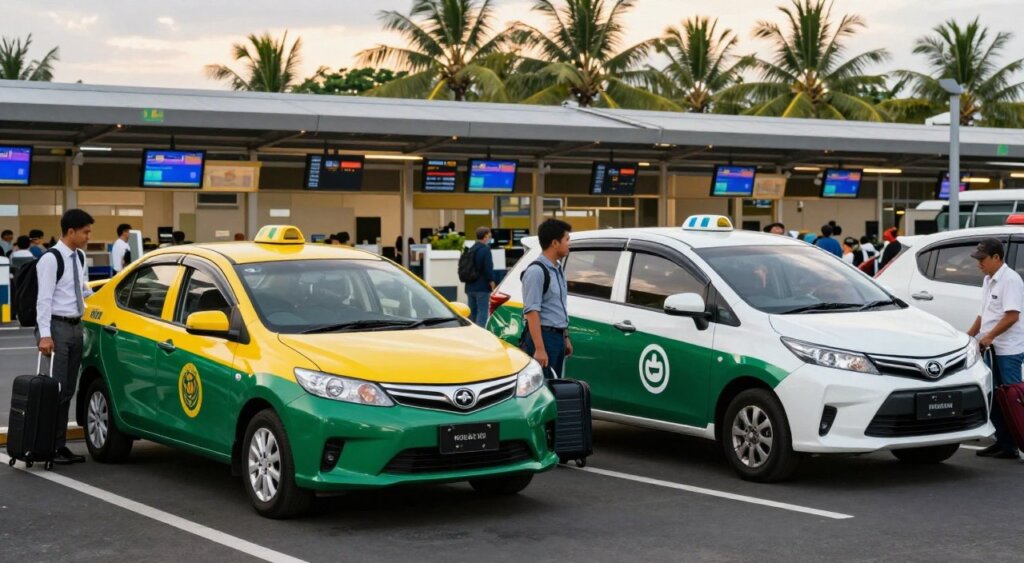 A visually striking comparison scene showcasing an official taxi and a ride-hailing vehicle side by side at Bali Airport. In the foreground, the official taxi features a vibrant color scheme and a recognizable emblem, while the ride-hailing app vehicle stands out with a sleek design and app logo. Both vehicles are positioned on a busy airport terminal curb, with travelers in professional business attire or modest casual clothing loading luggage. In the middle ground, glimpses of the bustling airport environment reveal check-in counters and arrival screens. The background captures the iconic Bali landscape, with palm trees and warm, inviting light, conveying a tropical atmosphere. Use natural lighting to enhance the realism, focusing on vibrant colors and clarity, resembling high-quality photojournalistic work. Aim for a balanced composition that highlights the transport choices distinctly.