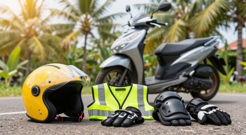 A visually striking composition showcasing essential safety gear for scooter rides in Bali. In the foreground, display a well-organized layout of safety items: a vibrant, sleek helmet with ventilation holes, a high-visibility reflective vest, durable knee and elbow pads, and sturdy gloves, all resting on a textured surface. In the middle ground, a stylish scooter is parked, exuding a sense of adventure with its tropical surroundings. The background features lush green palm trees and a bright, sunny sky, creating an inviting atmosphere. Capture the image using warm natural lighting, with a focus on a slightly elevated angle to emphasize the gear's importance and the scooter's aesthetics. The overall mood should be adventurous and empowering, embodying the spirit of outdoor exploration while ensuring safety.