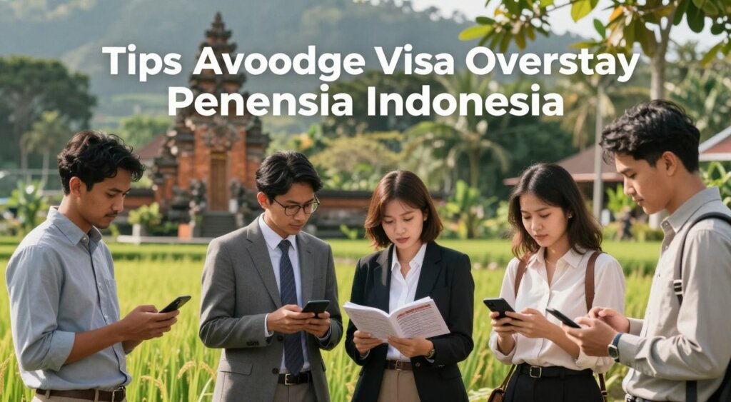 A visually striking image showcasing a serene yet informative scene to illustrate tips for avoiding visa overstay penalties in Indonesia. In the foreground, present a diverse group of travelers, dressed in professional business attire, attentively reviewing a travel guide and checking their mobile devices. In the middle ground, add a traditional Indonesian landmark, such as a temple or rice fields, symbolizing the local culture. The background should feature lush greenery typical of Indonesia, with soft sunlight filtering through the trees, casting gentle shadows. The mood is supportive and informative, evoking a sense of preparation and awareness. Use natural lighting to enhance the realism, with a shallow depth of field to focus on the travelers while subtly blurring the background, creating an inviting and engaging atmosphere.