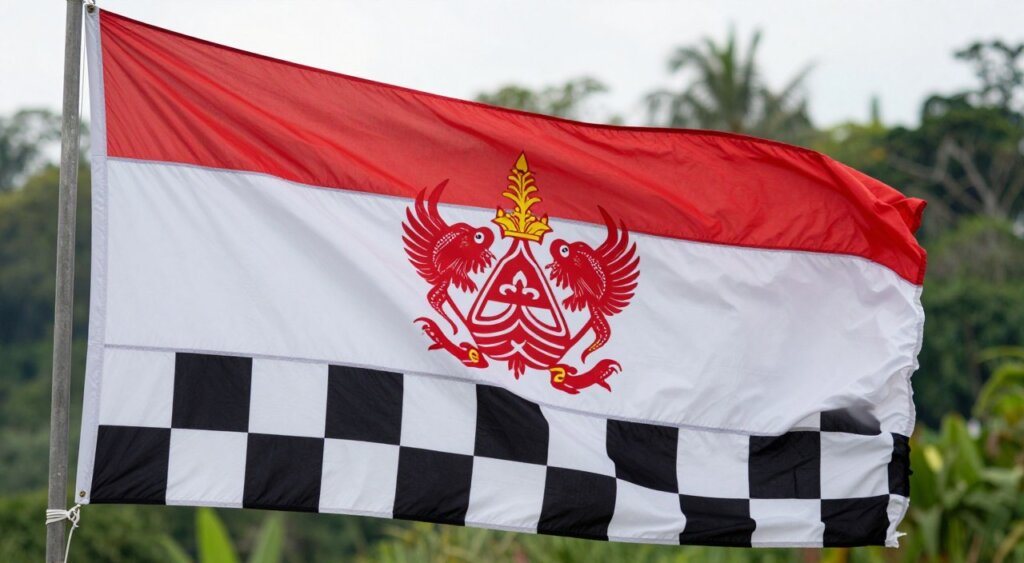 A visually striking representation of the Bali flag, prominently featuring the poleng pattern symbolizing the balance of good and evil in Balinese culture. In the foreground, display the stark black and white checkered pattern that embodies harmony and duality. The middle layer should illustrate the fluttering fabric of the flag against a serene backdrop of lush greenery typical of Bali, suggesting tranquility and paradise. Use soft, diffused natural lighting to enhance the colors and textures, capturing the fabric's detail. The angle should be slightly low to emphasize the flag's importance while creating a sense of movement, as if caught in a gentle breeze. The overall mood should be reflective and culturally rich, inviting viewers to appreciate the meanings behind the design elements.