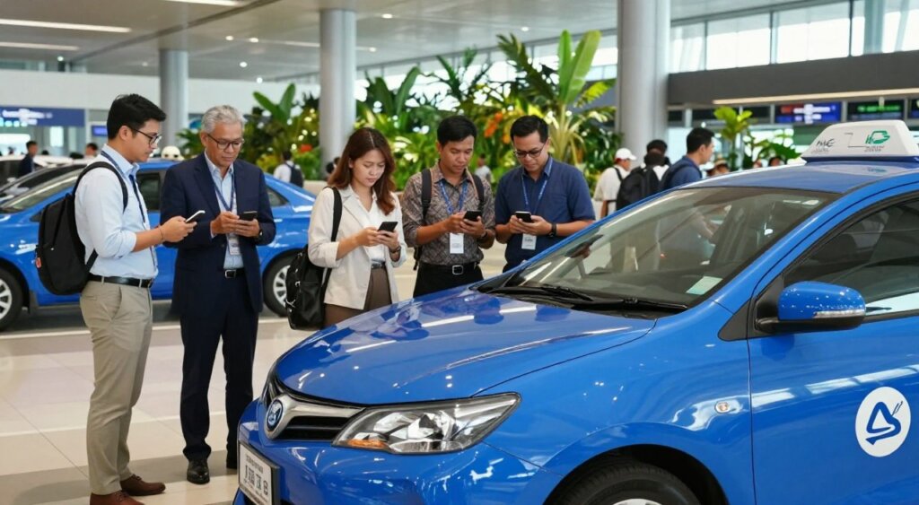 A visually striking scene depicting a Blue Bird taxi at Bali’s Ngurah Rai International Airport. In the foreground, showcase a polished Blue Bird taxi with the iconic logo prominently visible. In the middle ground, include a diverse group of travelers dressed in business attire and modest casual clothing, interacting with their smartphones and looking at an app for verification. The background features the modern airport terminal, bustling with activity, and lush tropical greenery typical of Bali. Soft, natural lighting filters through the terminal windows, creating a welcoming atmosphere. Aim for a professional photojournalism style with a focus on clarity and vivid colors, capturing the essence of safe and reliable transport options in Bali.