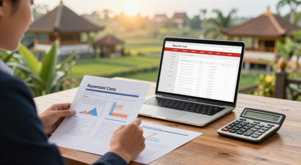 A vivid and informative scene depicting the rental costs and payment processes for properties in Bali. In the foreground, a well-dressed professional, a local real estate agent, is seated at a wooden table with rental documents, showcasing detailed charts of price comparisons for various types of properties. The middle ground features a laptop displaying a digital platform with rental listings, while a calculator lies next to it, symbolizing financial calculations. The background reveals a glimpse of a picturesque Balinese landscape, with lush greenery and traditional architecture under warm, golden afternoon sunlight. The overall mood is professional yet inviting, reflecting the vibrant culture of Bali through a blend of modernity and tradition. The photo is captured with a clear focus and shallow depth of field, emphasizing the details of the table and documents.