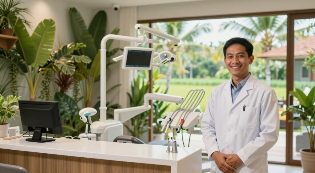 A warm, inviting dental clinic in Bali, featuring a modern reception area with tropical decor, lush greenery, and soothing colors. In the foreground, a friendly dental professional in a professional white coat offers a welcoming smile, embodying approachability and expertise. In the middle ground, an examination room with high-quality dental equipment, bright and well-lit, showcasing tools and technology that signify affordability and quality care. Natural light streams through a large window, enhancing the serene atmosphere. The background features glimpses of Bali's natural beauty, like palm trees or rice paddies, subtly visible through the clinic's glass doors. The overall mood is calm and reassuring, emphasizing the blend of professional dental care and the tranquil surroundings of Bali, creating a sense of comfort for potential patients.