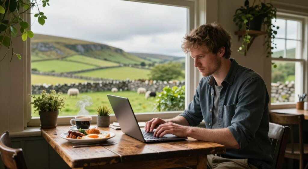 A weary digital nomad sits at a rustic wooden table in a cozy café surrounded by lush greenery in Ireland. In the foreground, the individual, dressed in smart casual attire, types intently on a laptop, showcasing focus and determination. In the middle ground, a plate of traditional Irish breakfast with a steaming cup of coffee sits, symbolizing the blend of work and local culture. In the background, a vibrant view of rolling green hills dotted with sheep and an old stone wall under a cloudy sky captures the spirit of Ireland. The natural light streaming through large windows casts a warm glow, creating a serene yet challenging atmosphere that reflects the ups and downs of the digital nomad lifestyle. Shot with a shallow depth of field to emphasize the subject against the picturesque backdrop.