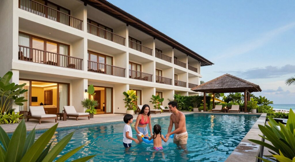 A welcoming family-friendly hotel scene at The Bene Hotel Kuta in Bali. In the foreground, a diverse family of four—parents and two young children—play together in a vibrant, well-maintained pool area, with lush tropical plants surrounding the pool. In the middle ground, the hotel building is seen, featuring contemporary architecture with inviting balconies and bright decor. The background includes a clear blue sky and a hint of Bali's famous beaches, enhancing the vacation vibe. Soft, warm lighting captures the joy and comfort of a family-friendly atmosphere. The scene should reflect the essence of relaxation and togetherness, showcasing the hotel as an ideal destination for families.