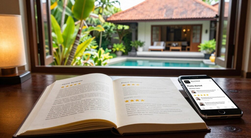 A well-composed image portraying a collection of guest reviews and ratings for Febris Hotel in Kuta, Bali. In the foreground, a professional setting featuring an elegantly arranged table with an open guest review book displaying handwritten notes and five-star ratings. A smartphone is placed beside it, showing the hotel's website with positive reviews. In the middle, a warm, inviting atmosphere is created with soft natural lighting filtering through a nearby window, illuminating lush tropical plants. The background depicts a glimpse of the hotel's exterior, showcasing its charming Balinese architecture and vibrant greenery. The scene conveys a sense of hospitality, comfort, and satisfaction, embodying the mood of happy guests sharing their positive experiences.