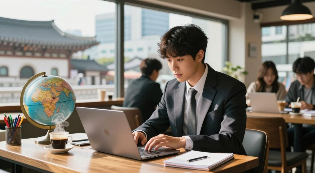 A well-dressed digital nomad sitting at a vibrant coffee shop in South Korea, surrounded by a laptop, notebooks, and a globe to symbolize international travel. The scene captures the essence of remote work with a background featuring Korean architecture and modern cityscapes. Natural light streams through large windows, casting soft shadows and creating a warm, inviting atmosphere. The foreground shows detailed elements like steaming coffee and colorful stationery, while the mid-ground focuses on the professional posture of the nomad, deeply engaged in work. In the background, blurred outlines of other patrons add depth without distraction. The overall mood conveys motivation, ambition, and the freedom of the digital nomad lifestyle.