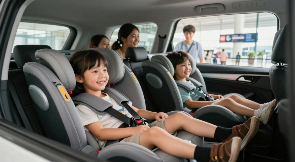 A well-lit, professional photojournalism-style image showcasing a modern car interior featuring two secure child car seats installed in the back. The foreground captures a close-up of the car seats, highlighting safety features like harness systems and adjustable headrests. In the middle ground, a family of four, dressed in modest casual clothing, prepares to embark on their journey, conveying a sense of safety and readiness. The background features an airport terminal visible through the car windows, hinting at the travel context. Soft, natural lighting enhances the warm, family-friendly atmosphere, while a slight tilt-angle view from a low perspective ensures focus on the child seats, emphasizing their importance in family-friendly airport transfers in Bali.