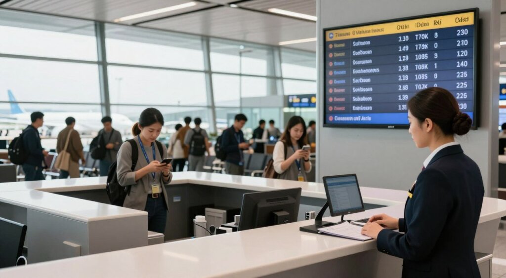 A well-lit, realistic airport taxi counter featuring a sleek, modern design, with a focused view on the official pricing board displaying rates for various destinations. The foreground includes a polished counter staffed by a professional attendant in business attire, ready to assist travelers. The middle ground showcases travelers waiting in line, some checking their smartphones, creating a bustling atmosphere. In the background, large glass windows reveal glimpses of arriving flights and airport activity, with natural sunlight streaming in, enhancing the overall ambiance. The image conveys a sense of organization and efficiency, capturing the essence of official airport taxi services in a busy airport setting, suitable for a photojournalism-style article.