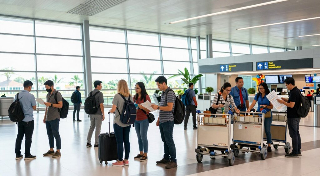 A well-organized Bali airport scene showcasing travelers navigating through the terminal. In the foreground, a diverse group of individuals in modest casual attire check airport signs and maps, appearing focused and engaged. The middle ground features sleek, modern airport architecture with large glass windows allowing soft, natural daylight to stream in, creating a bright and welcoming atmosphere. Luggage carts are nearby, and friendly airport staff assist passengers. In the background, glimpses of tropical decorations and palm trees can be seen, reinforcing the Bali atmosphere. The overall mood is one of excitement and anticipation, capturing the essence of arriving in a new destination. The camera angle is slightly elevated, emphasizing the spaciousness of the terminal while maintaining a realistic photojournalism-style quality.