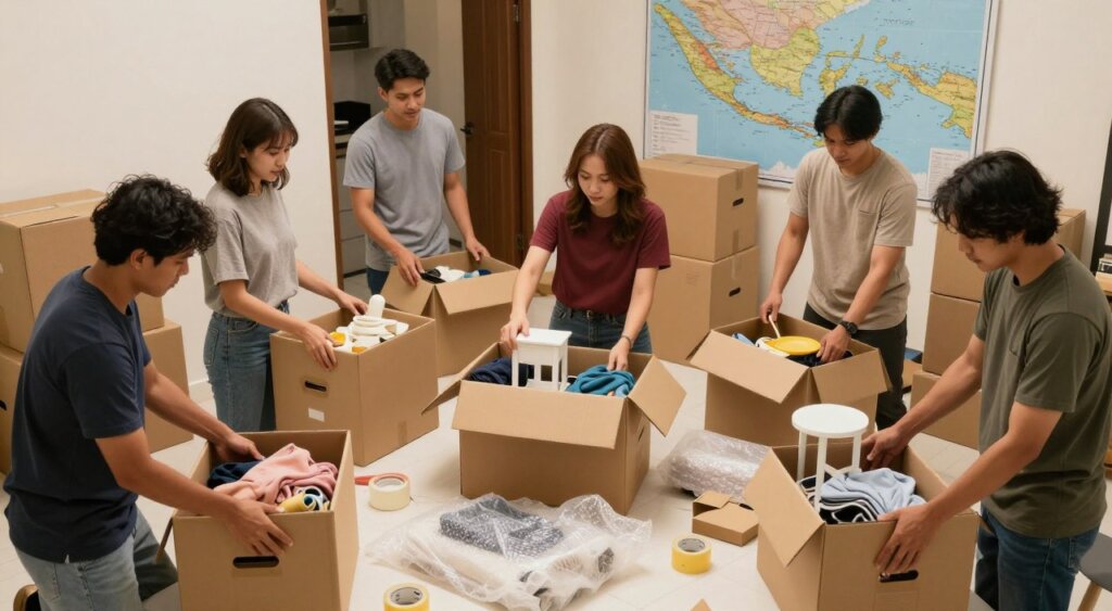 A well-organized and vibrant scene depicting the preparation of household goods for shipping to Indonesia. In the foreground, a diverse group of individuals dressed in modest casual clothing are carefully packing boxes with various personal items such as clothes, kitchenware, and small furniture. Their expressions show focus and determination. In the middle ground, open cardboard boxes are stacked, some filled, while others await packing. Scattered around are packing materials like bubble wrap and tape. The background features a doorway leading to a well-lit room showcasing a map of Indonesia on the wall, reflecting the journey ahead. The lighting is warm and inviting, creating a sense of optimism and readiness. Capture the scene from a slightly elevated angle to draw attention to the process, emphasizing order and preparation.