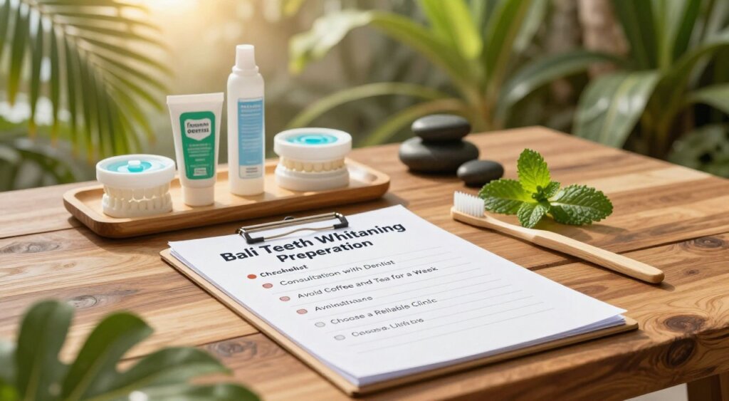 A well-organized and visually appealing checklist for "Bali Teeth Whitening Preparation" displayed on a stylish wooden table with tropical elements. In the foreground, include a neatly arranged checklist with bullet points indicating essential steps such as "Consultation with Dentist," "Avoid Coffee and Tea for a Week," and "Choose a Reliable Clinic." The middle layer should feature a calming setup with dental care products like whitening gel, a toothbrush, and fresh mint leaves. In the background, softly blurred elements of a Balinese spa environment, including lush greenery and decorative stones, evoke a serene atmosphere. The lighting should be warm and inviting to enhance the tropical feel, mimicking natural sunlight filtering through palm leaves, captured with a wide-angle lens for depth.